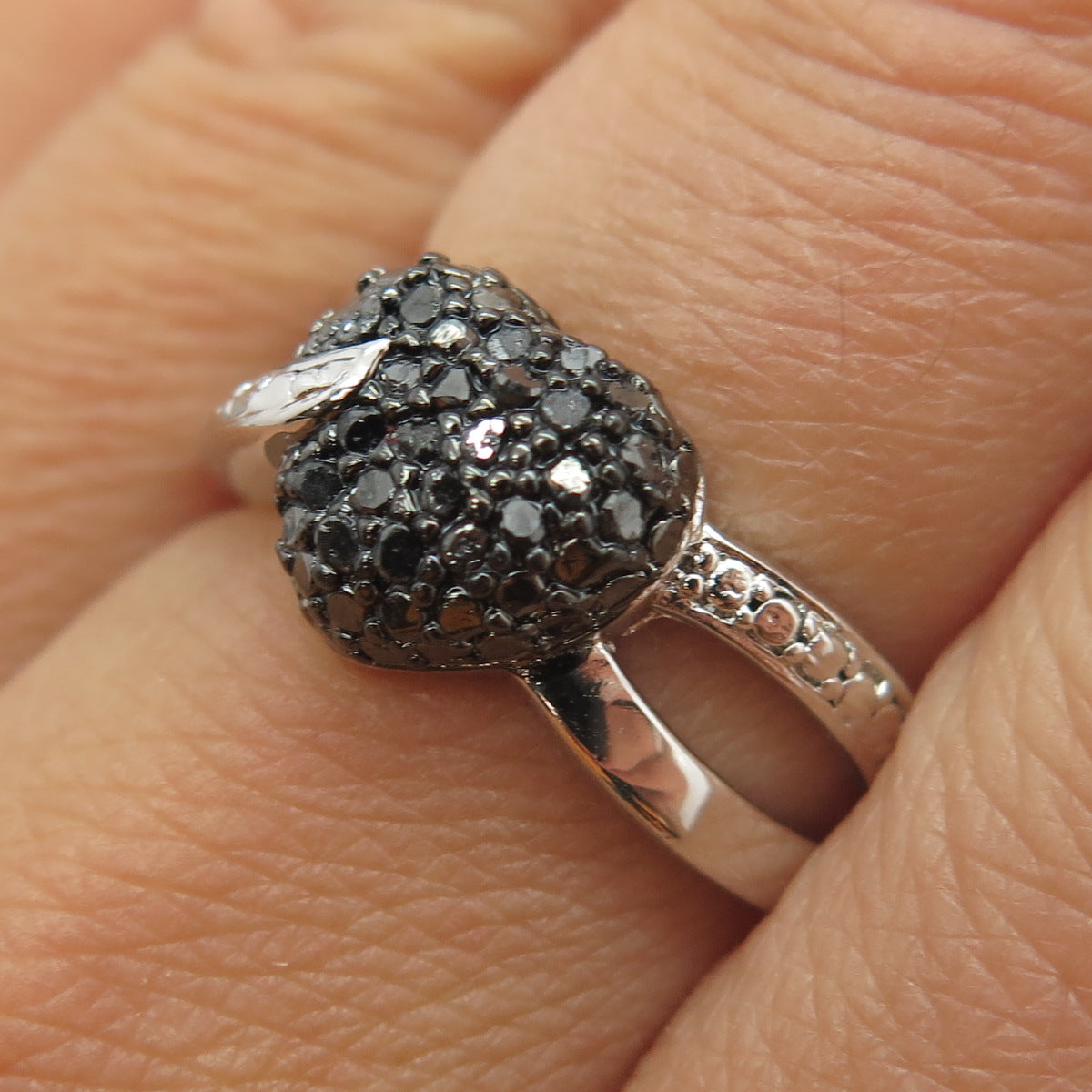 925 Sterling Silver Real Round-Cut Black Diamond Heart Ring Size 7.75