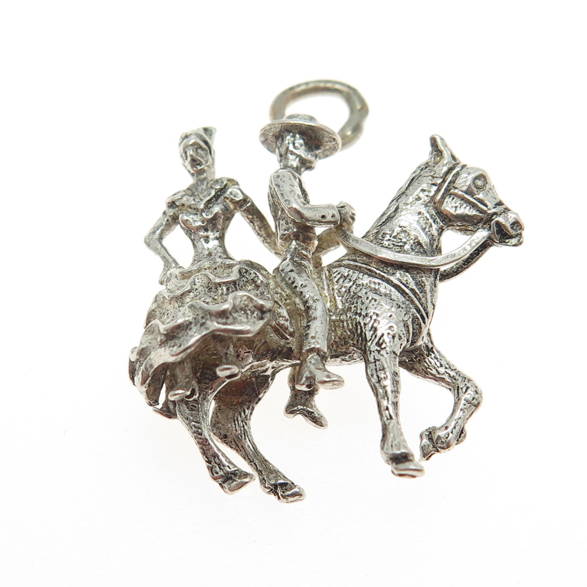 925 Sterling Silver Vintage Man & Women on Horseback Storyteller 3D Pendant