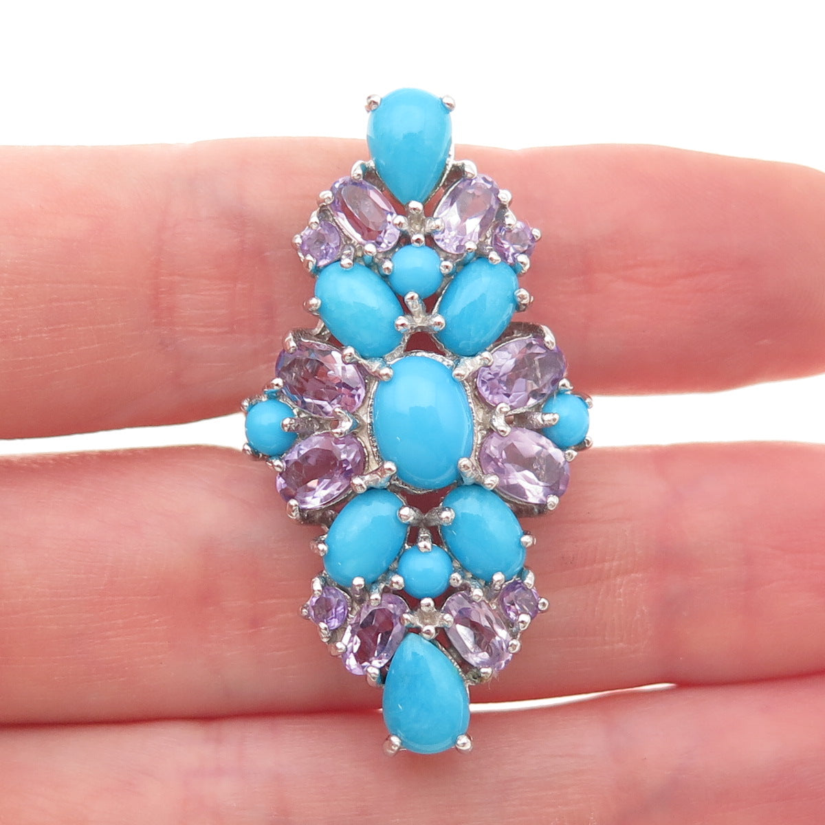 Chapal Zenray 925 Sterling Silver Real Turquoise & Amethyst Ring Size 8.25