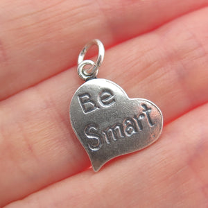 925 Sterling Silver Vintage Be Smart Heart Oxidized Minimalist Charm Pendant