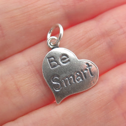 925 Sterling Silver Vintage Be Smart Heart Oxidized Minimalist Charm Pendant