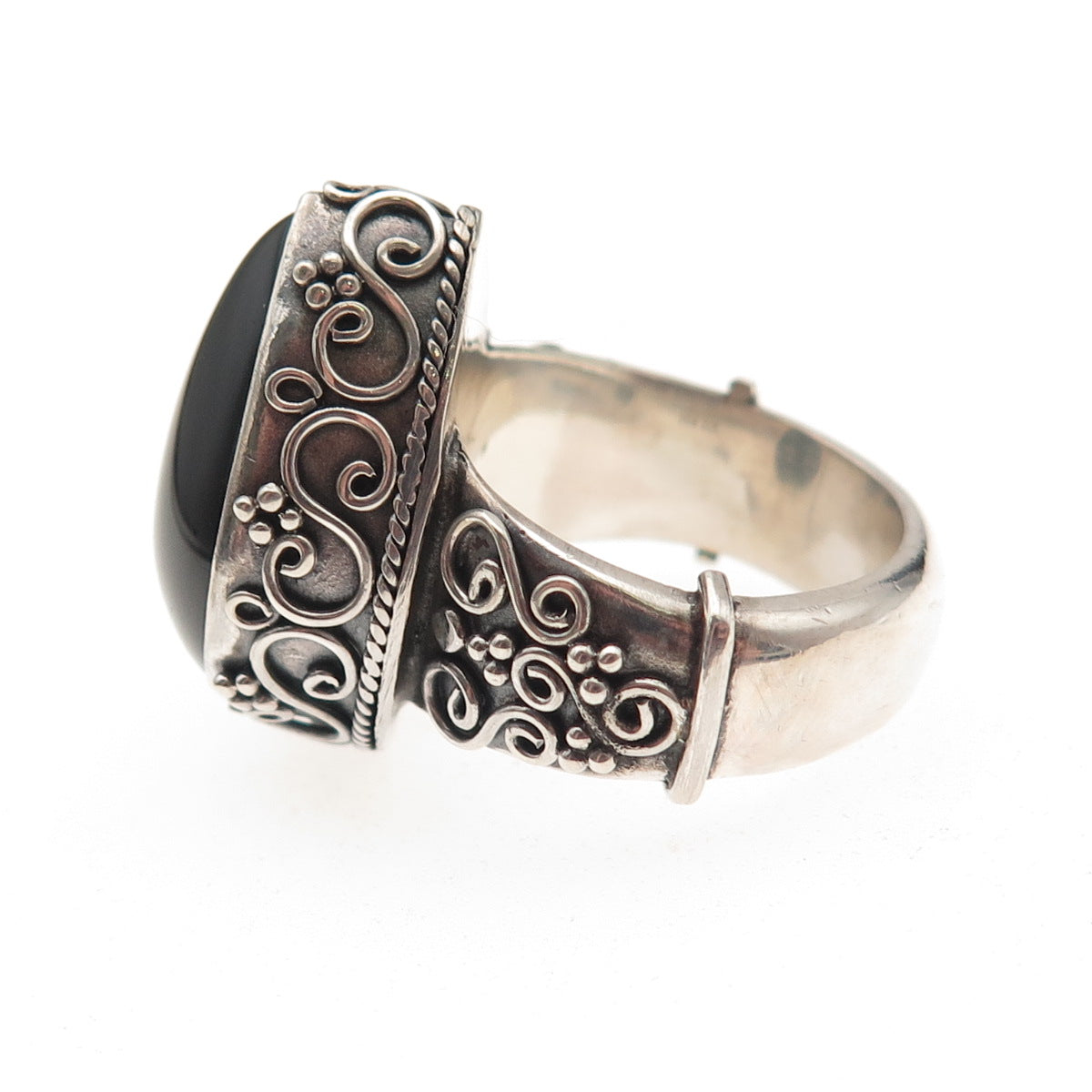 Suarti Bali 925 Sterling Silver Vintage Real Black Onyx Swirl Ring Size 7.25