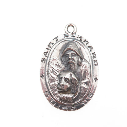 925 Sterling Silver Antique Art Deco St. Bernard Medal Oxidized Charm Pendant