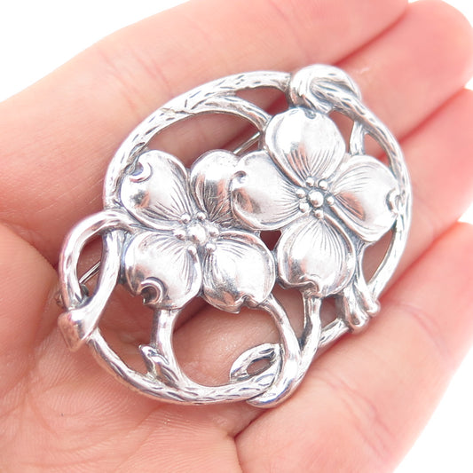 DANECRAFT 925 Sterling Silver Antique Art Deco Dogwood Oxidized Pin Brooch