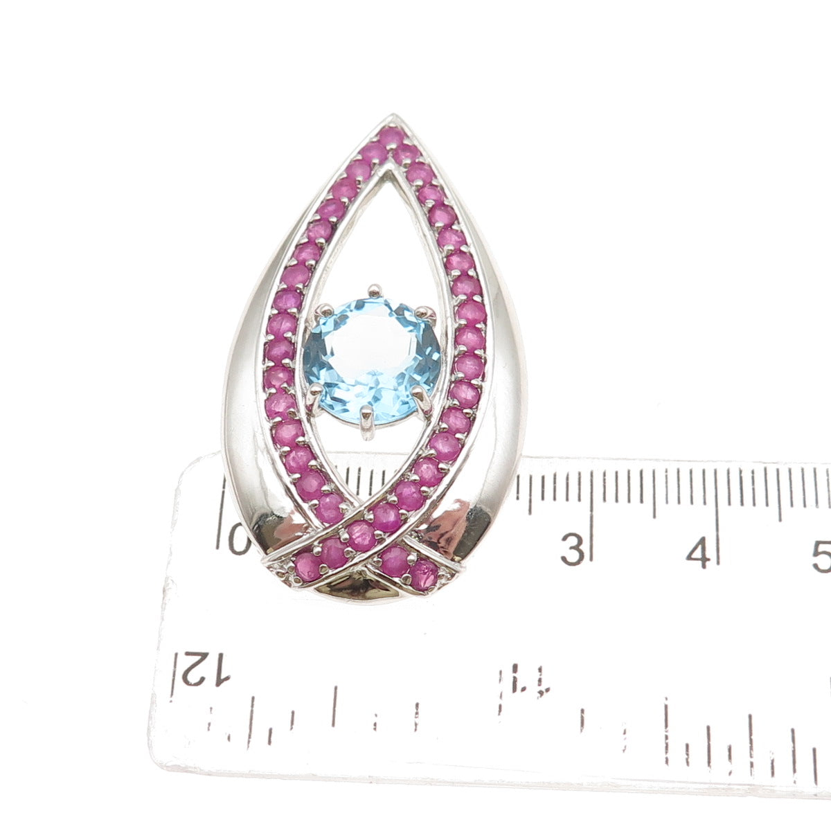 SX Sally C 925 Sterling Silver Real Blue Topaz & Ruby Teardrop Slide Pendant