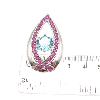 SX Sally C 925 Sterling Silver Real Blue Topaz & Ruby Teardrop Slide Pendant