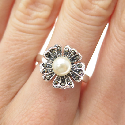 925 Sterling Silver Vintage Faux Pearl & Real Marcasite Flower Ring Size 8
