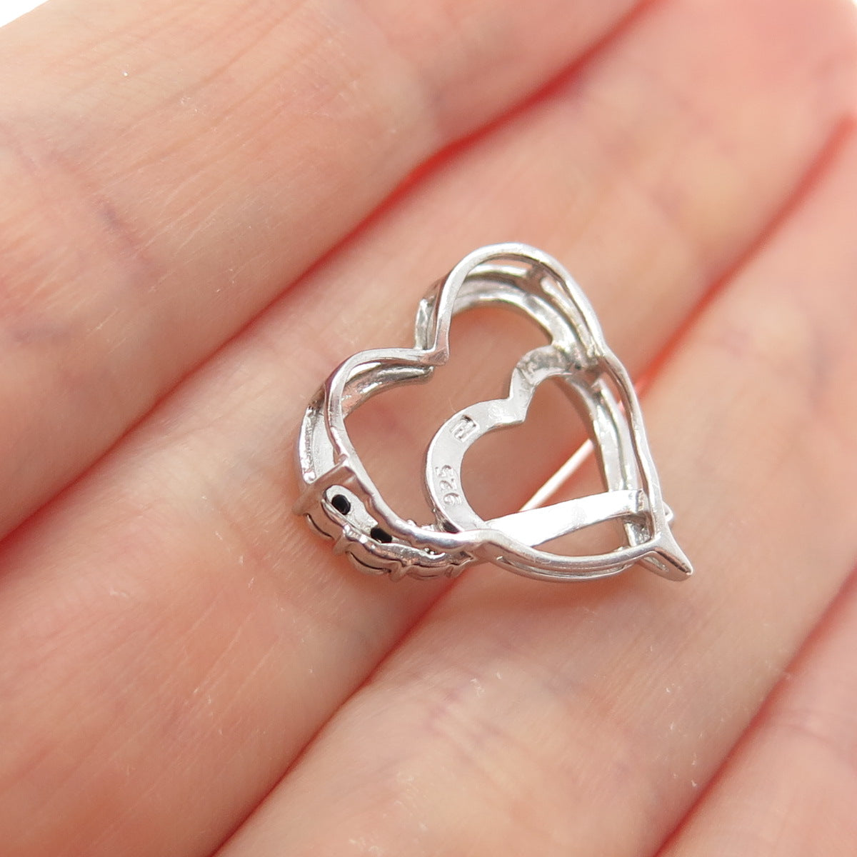 925 Sterling Silver Real Diamond Double Heart Minimalist Slide Charm Pendant