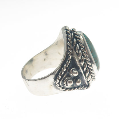 925 Sterling Silver Vintage Real Pear-Cut Turquoise Oxidized Ring Size 9.25