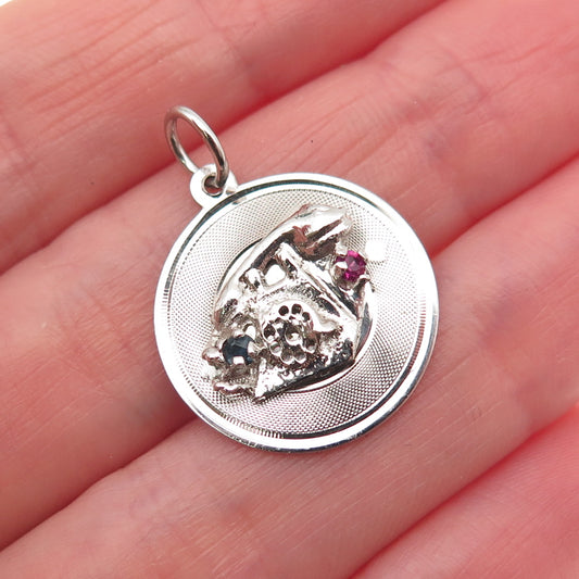 925 Sterling Silver Vintage Multi-Color Rhinestone Retro Phone Charm Pendant