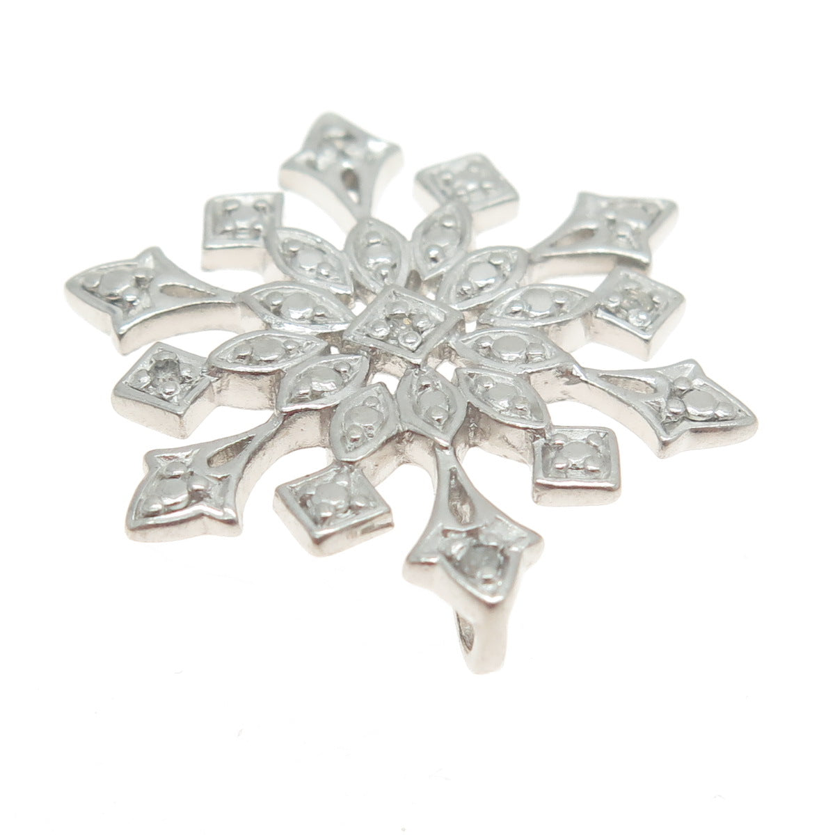 925 Sterling Silver Real Round-Cut Diamond Snowflake Pendant