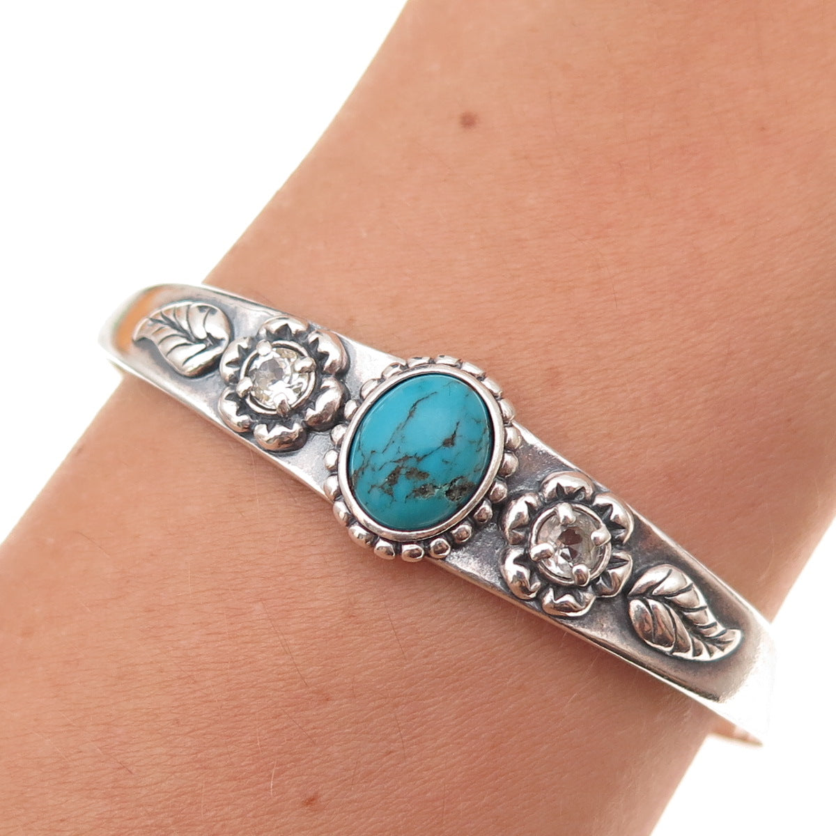 Carolyn Pollack Sterling Vintage Turquoise & C Z Floral Adjustable Bracelet 6"