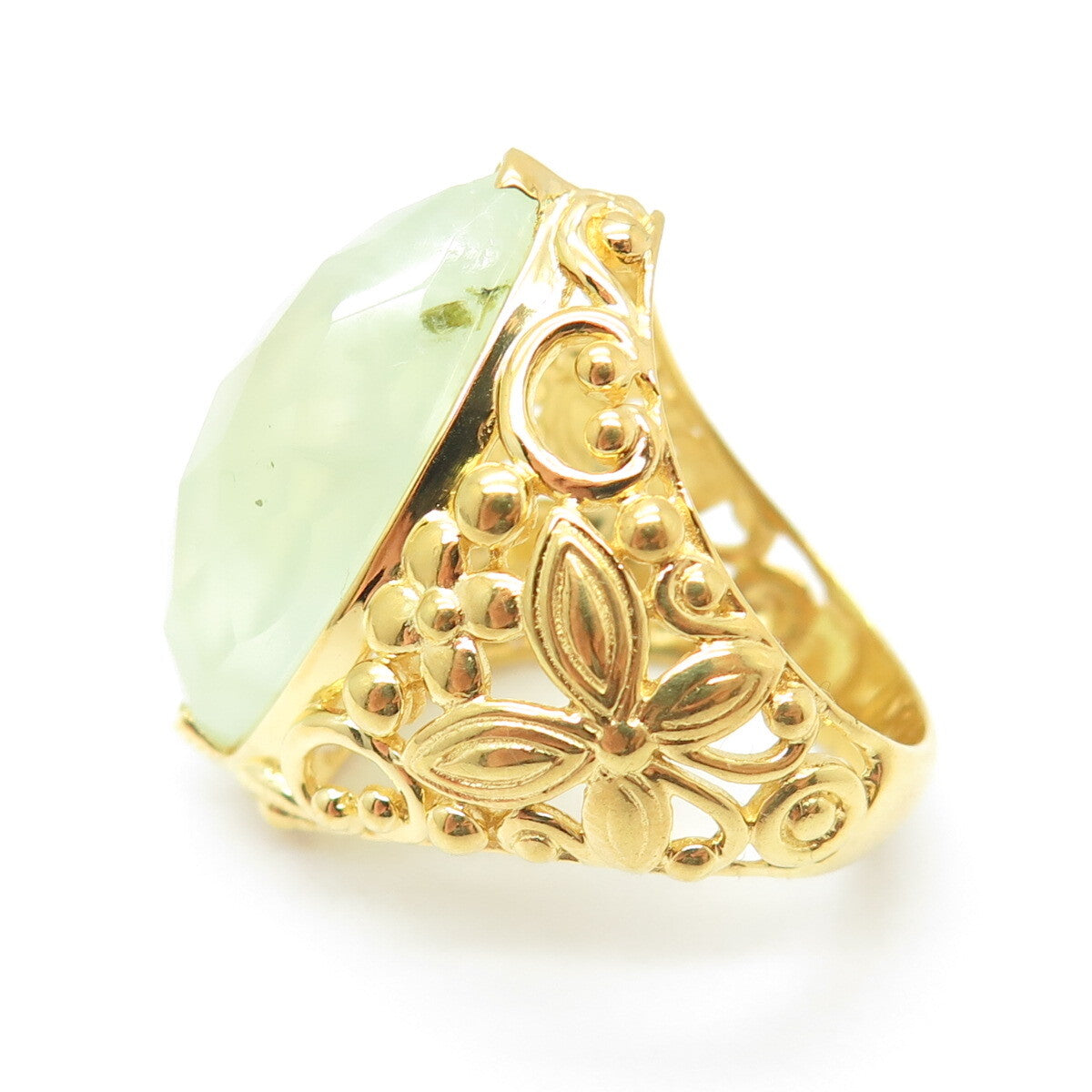 925 Sterling Silver Gold Plated Real Marquise-Cut Prehnite Floral Ring Size 7.5