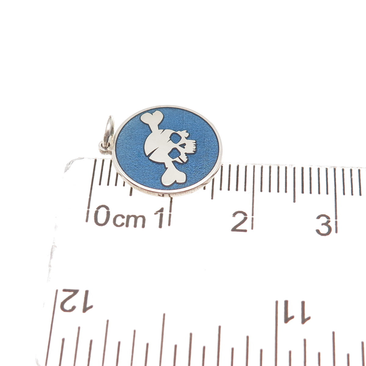 925 Sterling Silver Blue Enamel Skull & Bone Round Tag Mini Charm Pendant