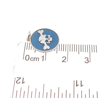 925 Sterling Silver Blue Enamel Skull & Bone Round Tag Mini Charm Pendant