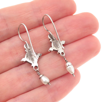 925 Sterling Silver Vintage Real Lapis & Pearl Modernist Dangle Earrings