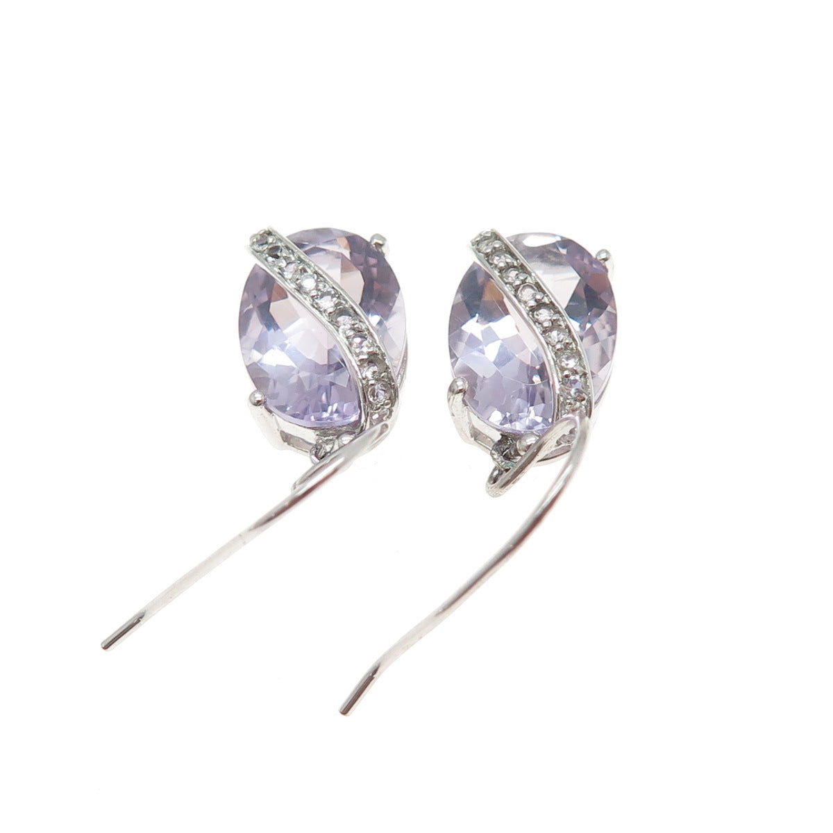 925 Sterling Silver Real Amethyst & White Topaz Dangle Earrings