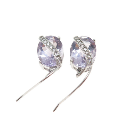 925 Sterling Silver Real Amethyst & White Topaz Dangle Earrings