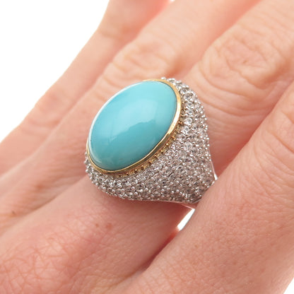 925 Sterling Silver 2-Tone Real Turquoise & White Topaz Ring Size 8.25