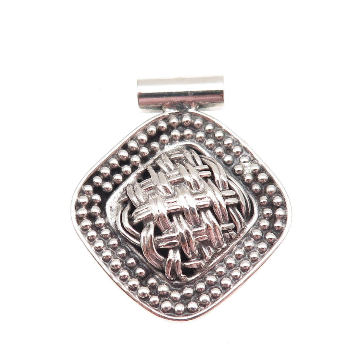925 Sterling Silver Vintage Modernist Woven & Beaded Slide Charm Pendant
