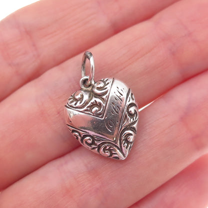 925 Sterling Silver Antique Art Deco Engraved Chatelaine Heart Charm Pendant