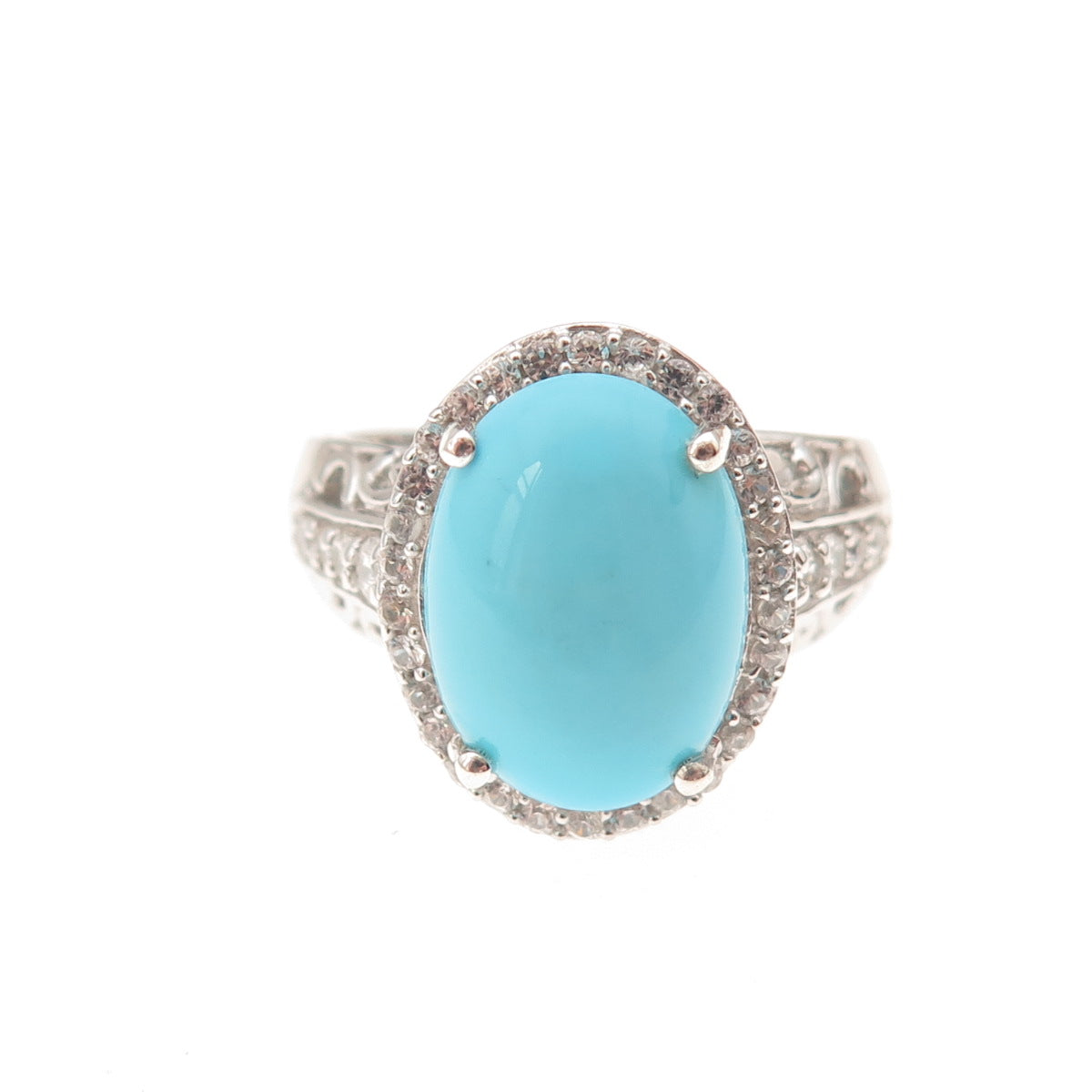Chuck Clemency 925 Sterling Silver Real Turquoise & White Topaz Ring Size 8.25