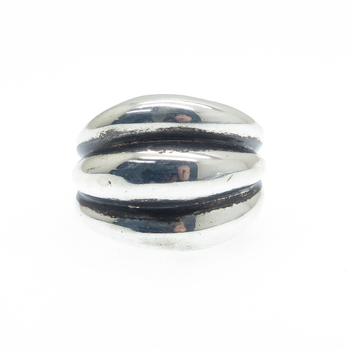 925 Sterling Silver Vintage Modernist Ribbed Oxidized Ring Size 7.25