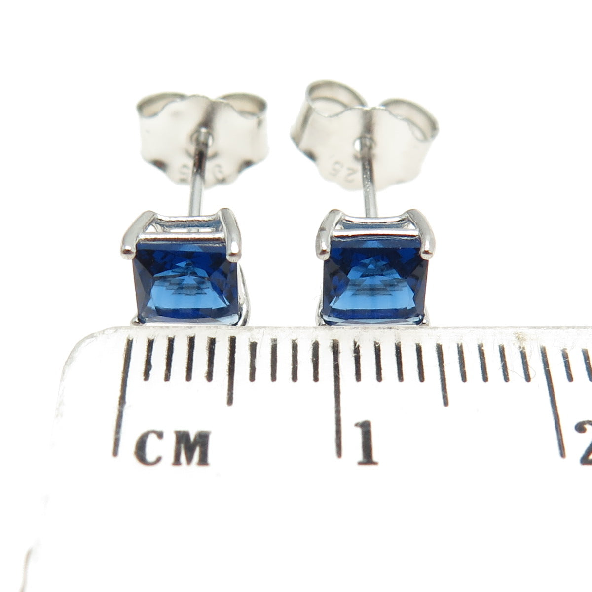 925 Sterling Silver Princess-Cut Shaped Ocean Blue C Z Stud Earrings