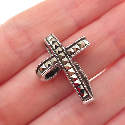 925 Sterling Silver Vintage Real Marcasite Wavy Cross Slide Charm Pendant
