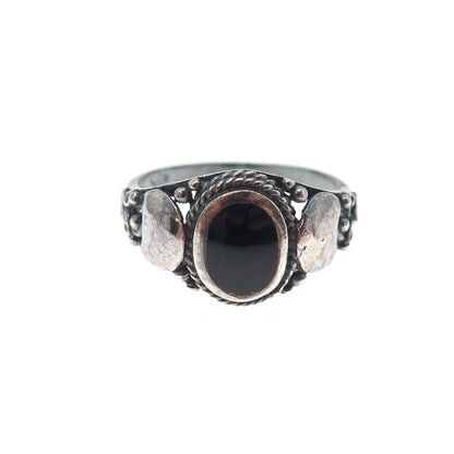 925 Sterling Silver Vintage Real Black Onyx Crescent Oxidized Ring Size 8.75