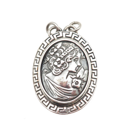925 Sterling Silver Vintage Lady Cameo Oxidized Centerpiece Pendant