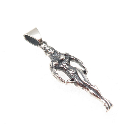 925 Sterling Silver Vintage European Female Bodybuilder Oxidized Charm Pendant