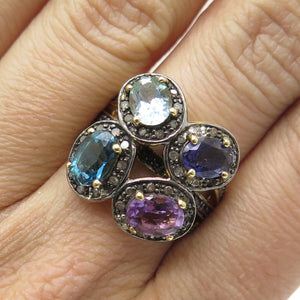 925 Sterling Silver Gold Plated Diamond Amethyst Swiss Blue Topaz Ring Size 7.5
