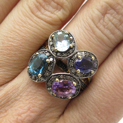 925 Sterling Silver Gold Plated Diamond Amethyst Swiss Blue Topaz Ring Size 7.5