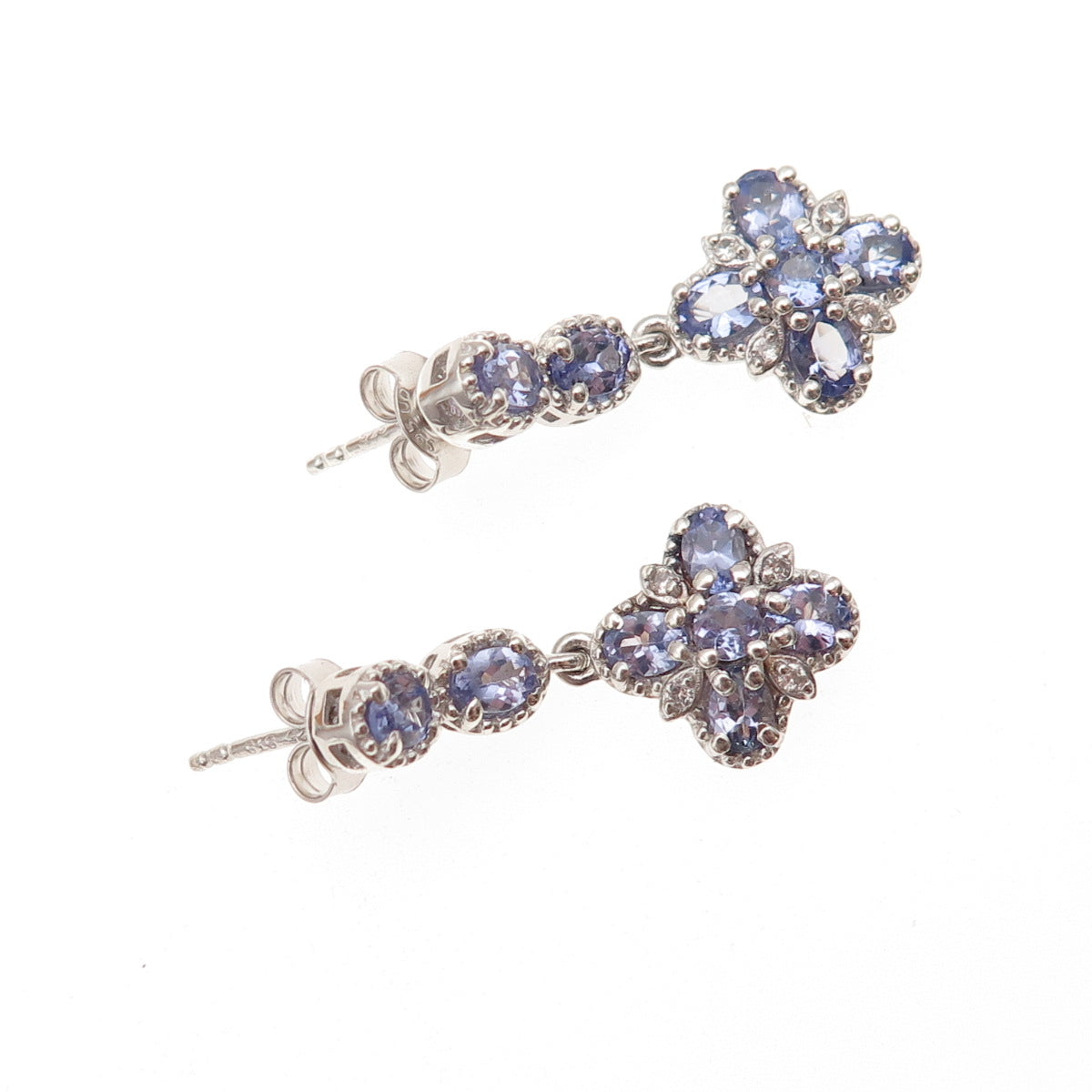 Chuck Clemency 925 Sterling Silver Real Tanzanite & White Topaz Dangle Earrings