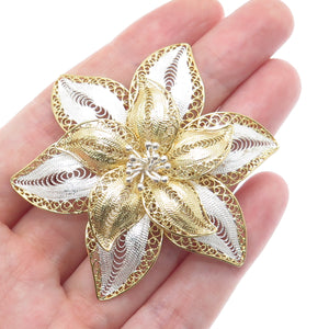 ASJ MAURITIUS 925 Sterling Silver 2-Tone Vintage Filigree Floral Pin Brooch