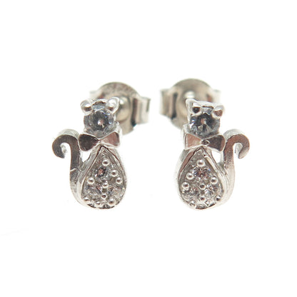 925 Sterling Silver Round-Cut Shaped C Z Cat / Kitty Stud Earrings