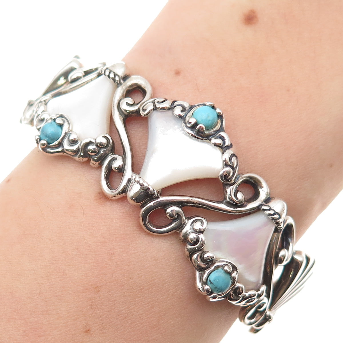 Carolyn Pollack Sterling Vintage Real Turquoise & MOP Adjustable Bracelet 5.75"