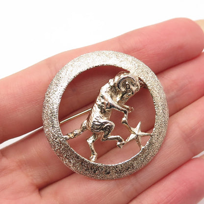 925 Sterling Silver Gold Plated Vintage D'OR Aries Zodiac Sign Round Pin Brooch