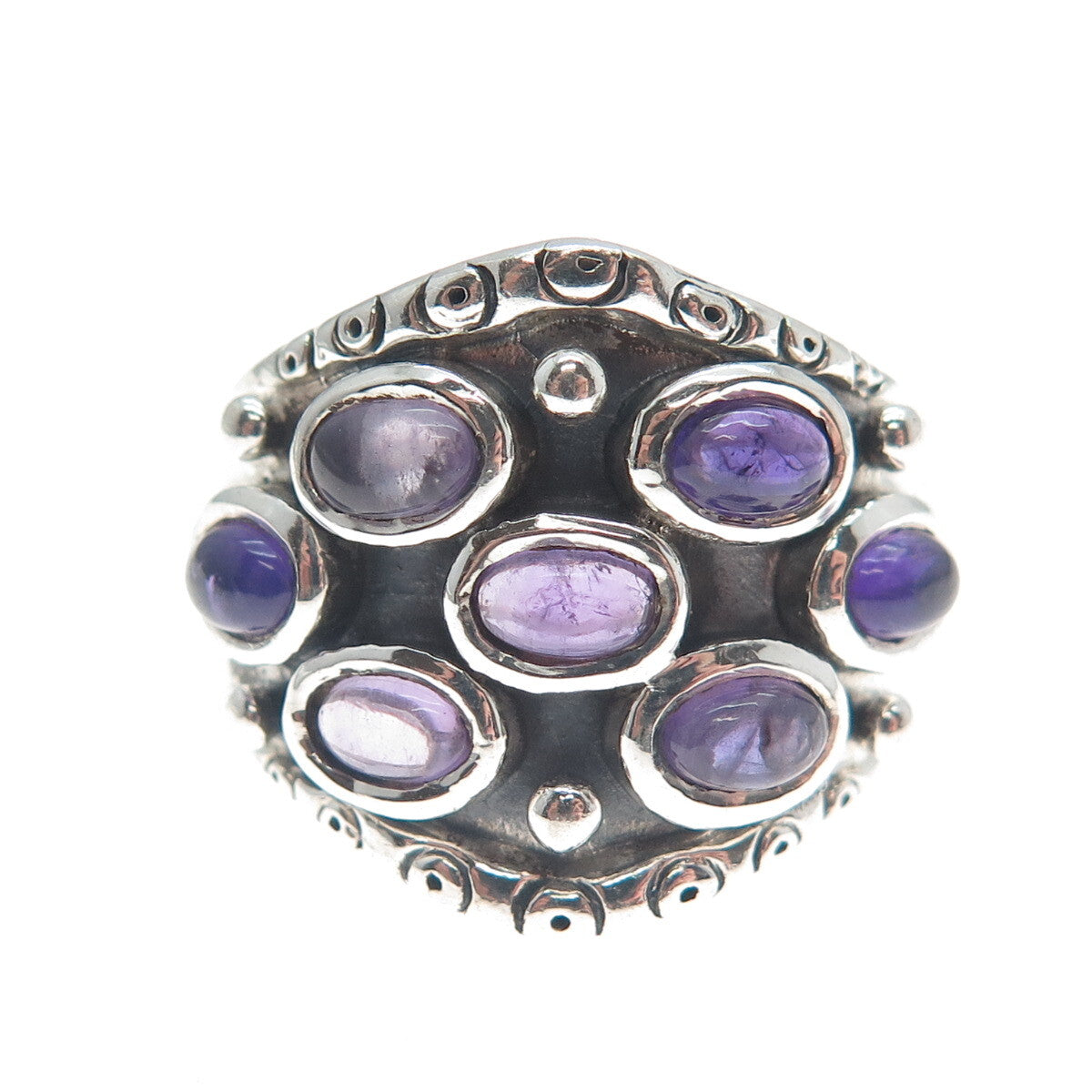 925 Sterling Silver Vintage Real Amethyst Modernist Oxidized Ring Size 9.75
