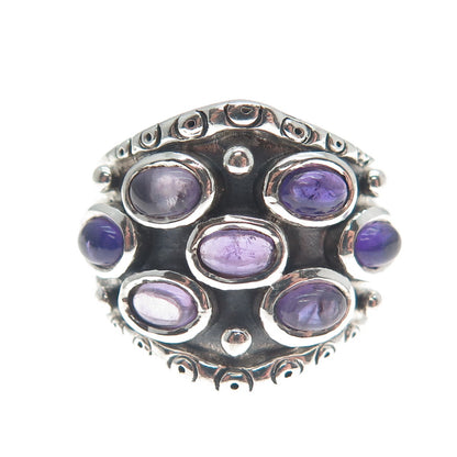 925 Sterling Silver Vintage Real Amethyst Modernist Oxidized Ring Size 9.75