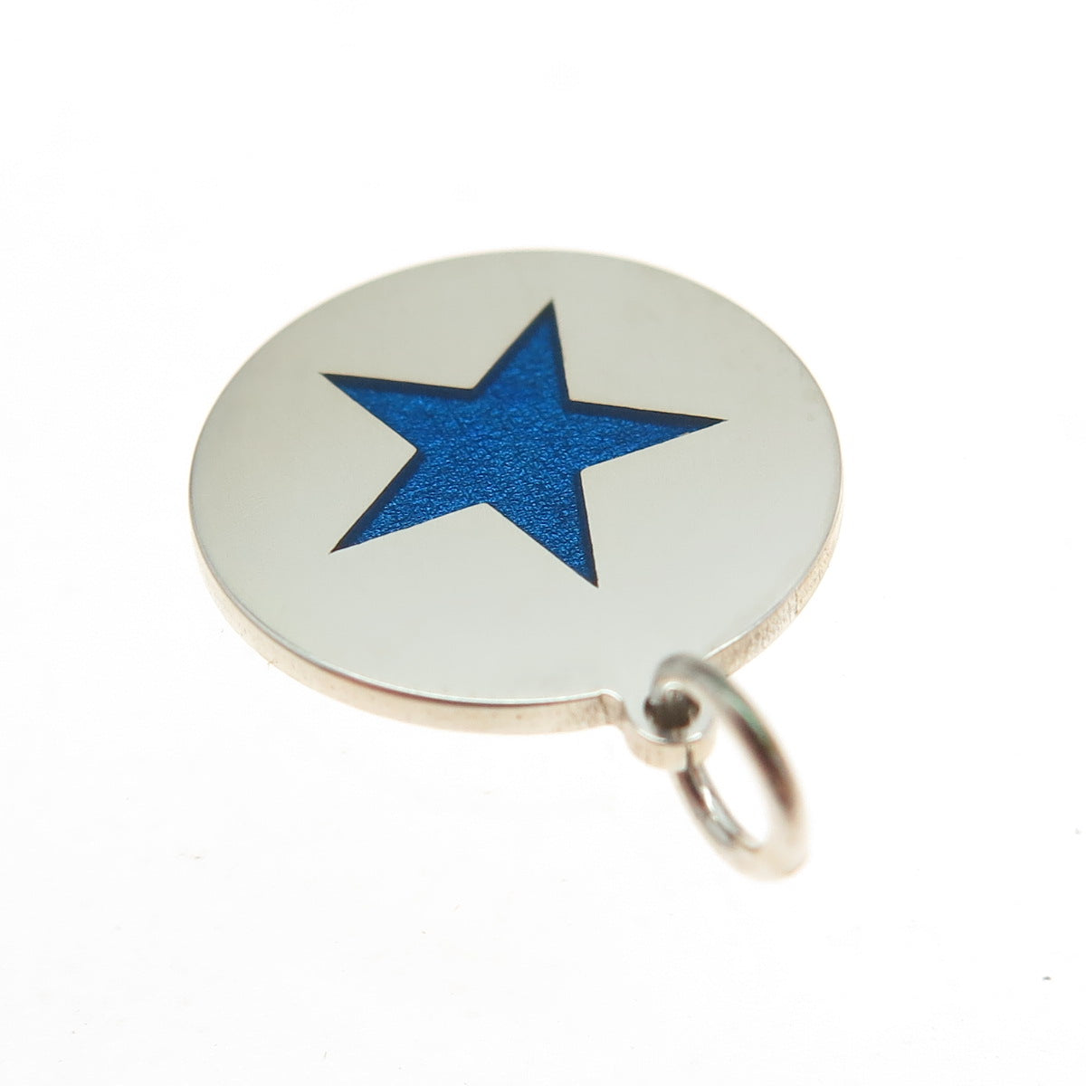 925 Sterling Silver Blue Enamel Star Round Tag Minimalist Charm Pendant