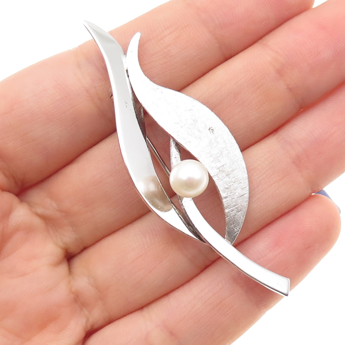 Van Dell 925 Sterling Silver Vintage Real Pearl Modernist Flower Pin Brooch