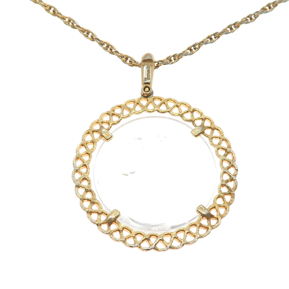 CROWN TRIFARI Gold Plated Vintage Glass Floral Lady Cameo Necklace 20"