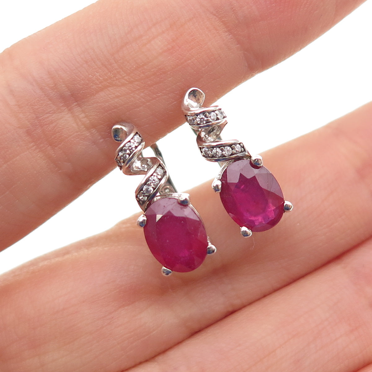 925 Sterling Silver Real Oval-Cut Ruby & Round-Cut C Z Swirl Earrings