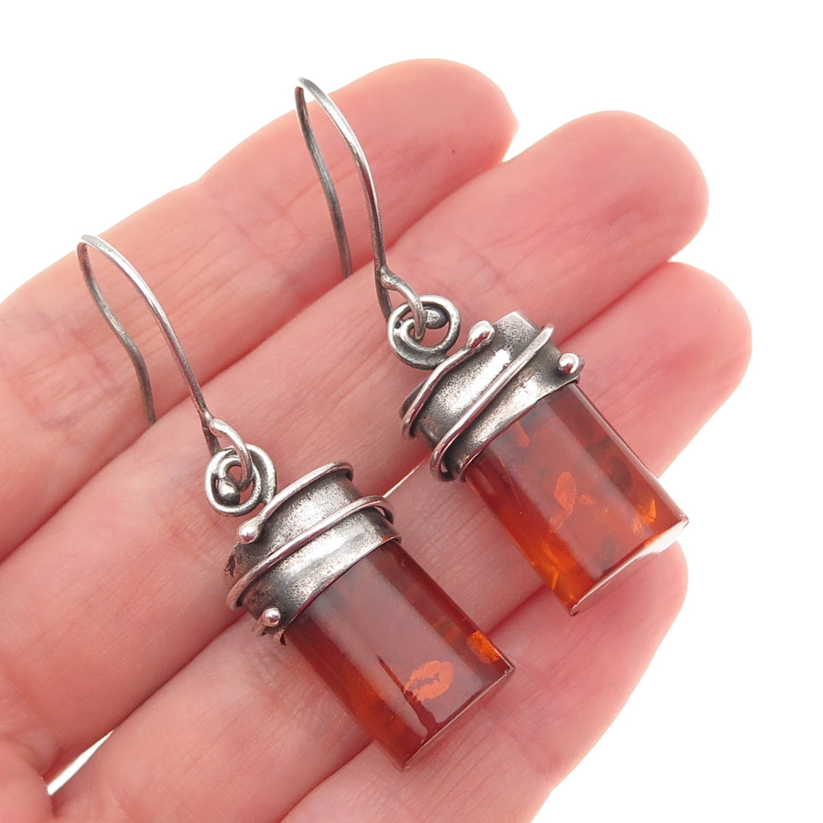 900 Silver Vintage Czechia Real Amber Modernist Oxidized Dangle Earrings