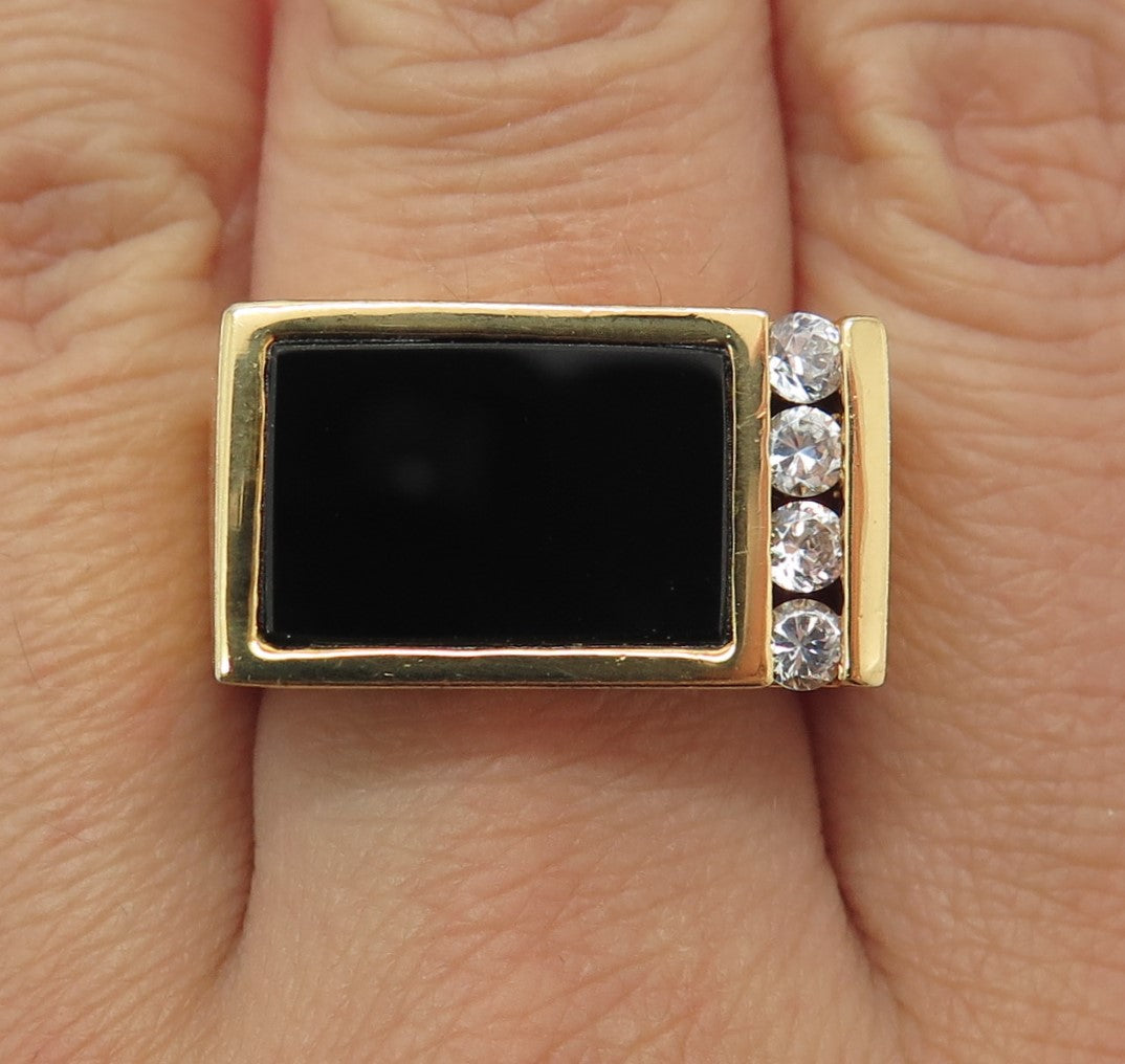 925 Sterling Silver Gold Plated Real Black Onyx Gemstone & C Z Ring Size 8