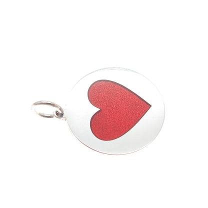 925 Sterling Silver Red Enamel Heart Round Tag Minimalist Charm Pendant