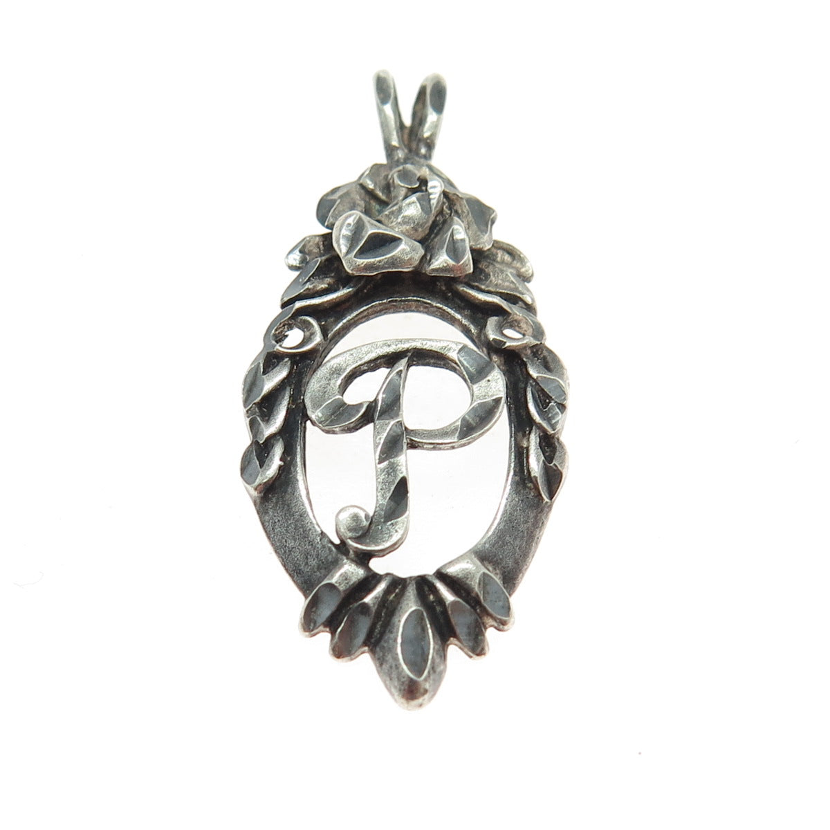 925 Sterling Silver Vintage Letter "P" Initial Floral Frame Oxidized Pendant