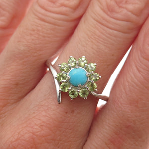 Chuck Clemency 925 Sterling Silver Real Turquoise Peridot Floral Ring Size 8.25